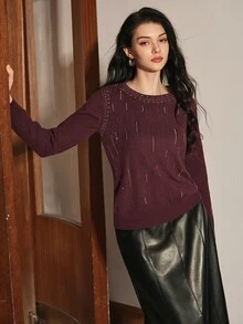 Anewsta Desain Busana Mewah Musim Gugur/Dingin Prancis, Sweater Rajut Leher Bulat Elegan dan Canggih Gaya Sosialita untuk Pesta Malam, Berhiaskan Berlian Imitasi Bintang yang Mewah dan Mewah - Burgundy - View 4