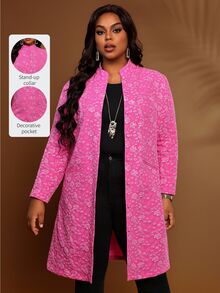 BrightlyHer Plus Size Hot Pink Textured Button Front Jacquard Stand Collar Long Sleeve Jacket Fall Winter 2026 - Hot Pink - View 2