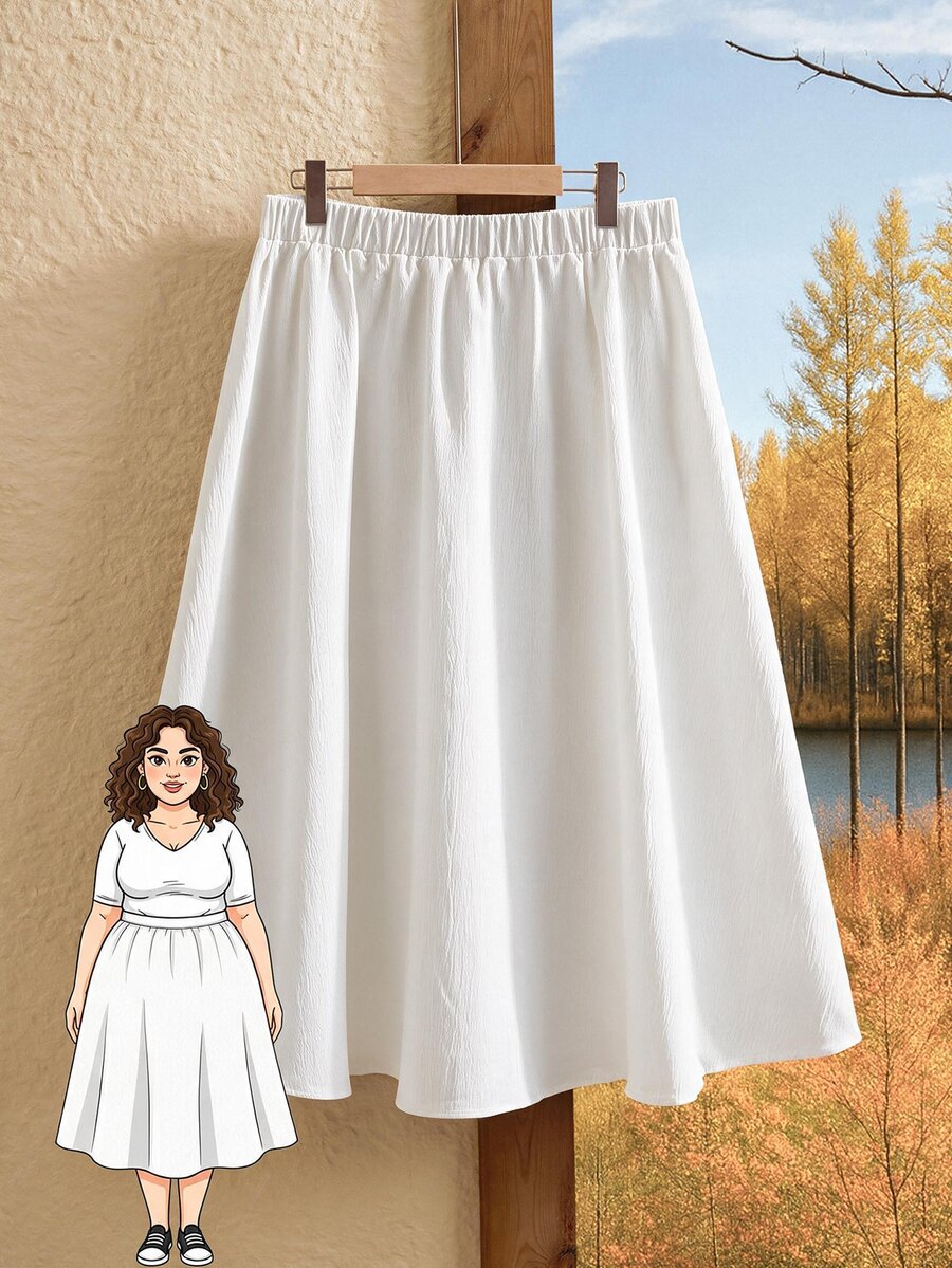 Rusticease Plus Size Women's Solid Color Pleated Casual Versatile Daily Wear Skirt - White - View 1