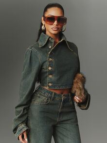 NYA SZN Denim Jacket Button Front Napoleon Tinted Long Sleeve Collared Streetwear Casual Everyday Party Concert Festival Dark Wash Chic Cute Fall Winter - Medium Wash - View 4