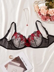 SHEIN 1件舒適刺繡花卉蕾絲薄罩杯大尺碼女款鋼圈內衣 - 彩色 - 查看 3