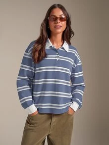 Athîral Women's Casual Colorblock Polo Collar Red Striped T-Shirt, Autumn Clothing - Blue - View 4