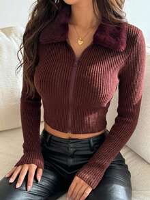 DAZY Fall/ Plush Collar Cardigan Long Sleeve Ribbed Knit Slim Fit Casual Night Out Date Night Date Commute Burgundy Streetwear Sexy Women's T-Shirt - Brown - View 4