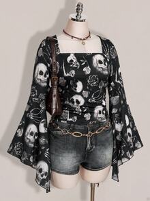 SHEIN ICON 大尺碼女款萬聖節骷髏印花深色哥德風上衣 - 彩色 - 查看 8