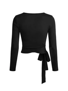 DrmWander Plus Size Women's Solid Color Side Knot V-Neck Long Sleeve Cropped T-Shirt - Multicolor - View 5