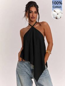 SHEIN BAE Women's Solid Color Casual Versatile Daily Wear Halter Neck Top - Black - View 8