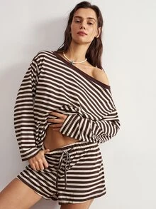 Bohemela Women's Striped Top & Shorts 2 Pieces Set - Brown - View 5