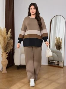 Lacomfia Women's Casual Large Scoop Neck Fashion Colorblock Striped Loose Daily Home Top With Versatile Wide Leg Pants - Multicolor - View 5