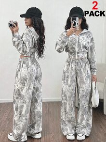 Sparklyn 2件組 青少年女孩休閒連帽拉鍊短版夾克與彈性腰寬腿褲套裝，秋季 - 彩色 - 查看 3