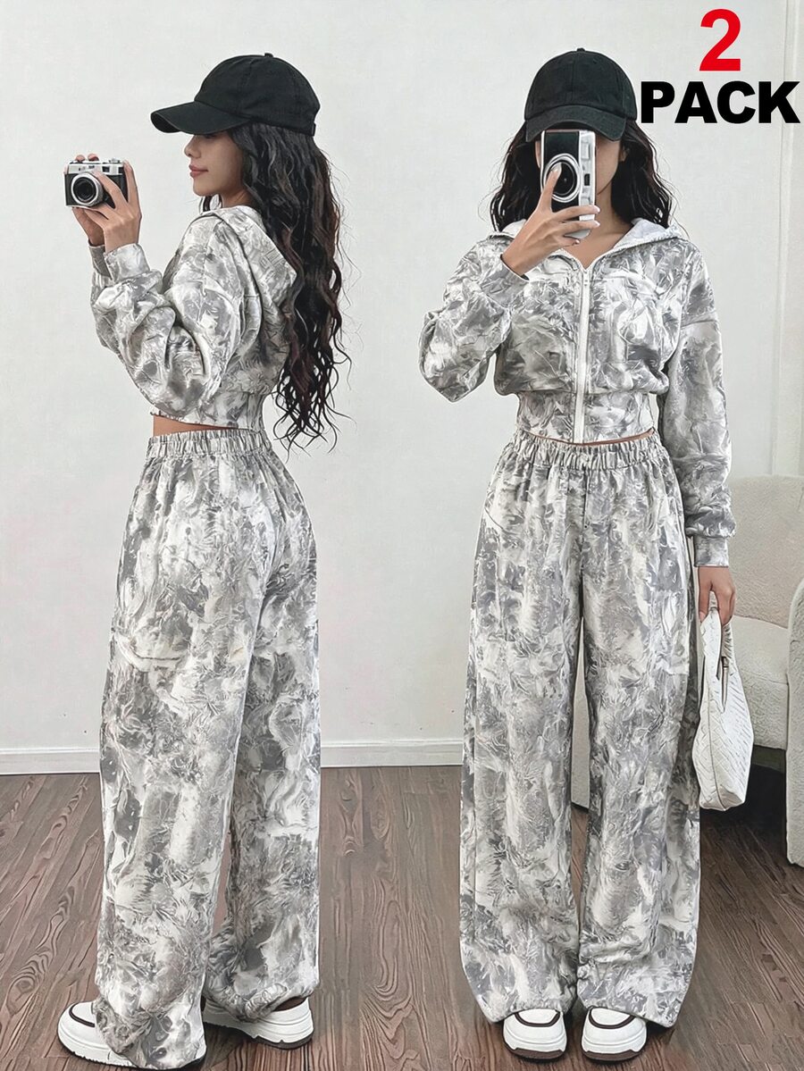 Sparklyn 2Pcs Tween Girls Casual Hooded Zip-Up Crop Jacket And Elastic Waist Wide Leg Pants Set, Fall - Multicolor - View 1