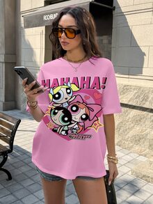THE POWERPUFF GIRLS X SHEIN Women's Casual Cartoon Print T-Shirt, Summer - White - View 3