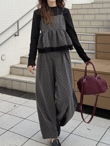 FRIFUL Women's Polka Dot Pattern Contrast Lace Hem Cami Top And Long Pants Casual 2 Pieces Set - Grey - View 2