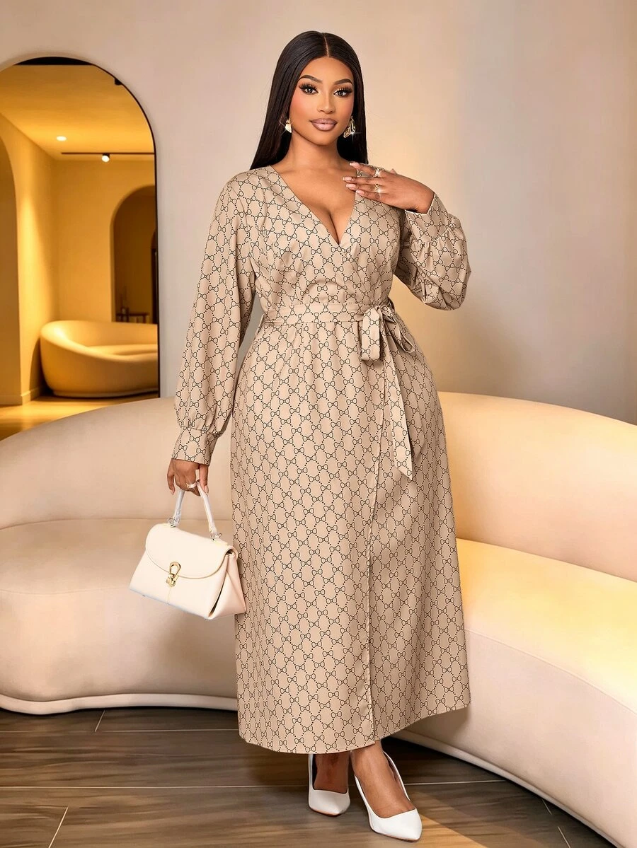 SOLERSUN V-Neck Criss-Cross Loose Long Sleeve Dress, Waist Tie Cinched Waist, All-Over Geometric Print, Suitable For Commuting And Daily Wear Fall - Khaki - View 1