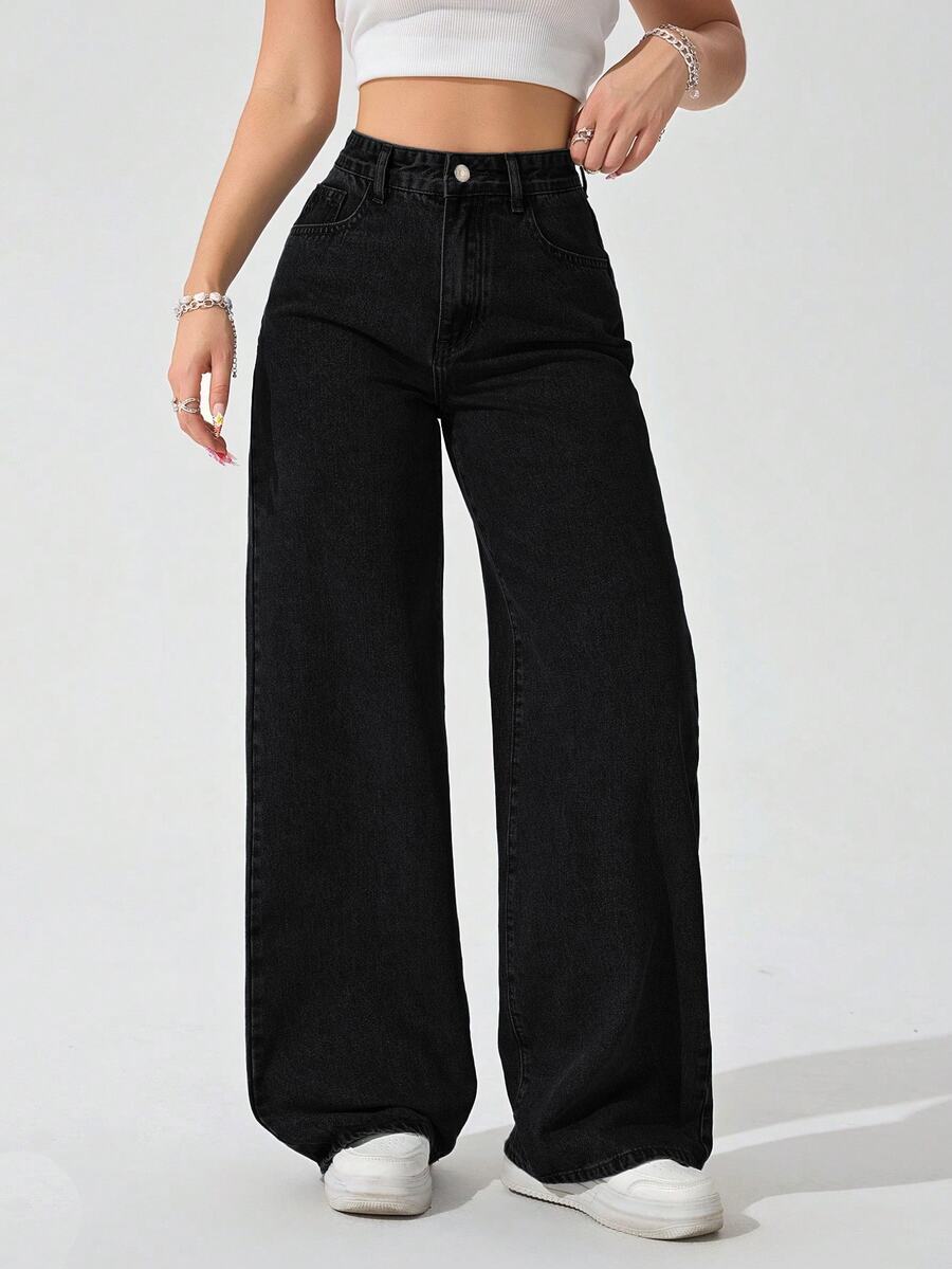 SHEIN ICON 大尺碼女款極簡復古街頭風水洗牛仔直筒長褲 - 黑色 - 查看 1