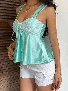 CovetEZ 女款對比蕾絲前領抽繩設計時尚粗肩帶背心 - 青碧色 - 查看 5