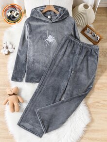 SHEIN 2件組青少年男孩休閒蜘蛛刺繡圖案長袖連帽衛衣與長褲套裝，舒適睡衣居家服，法蘭絨柔軟面料，時尚簡約百搭實用，適合日常穿著、居家穿著、疊穿，秋冬季 - 灰色 - 查看 3