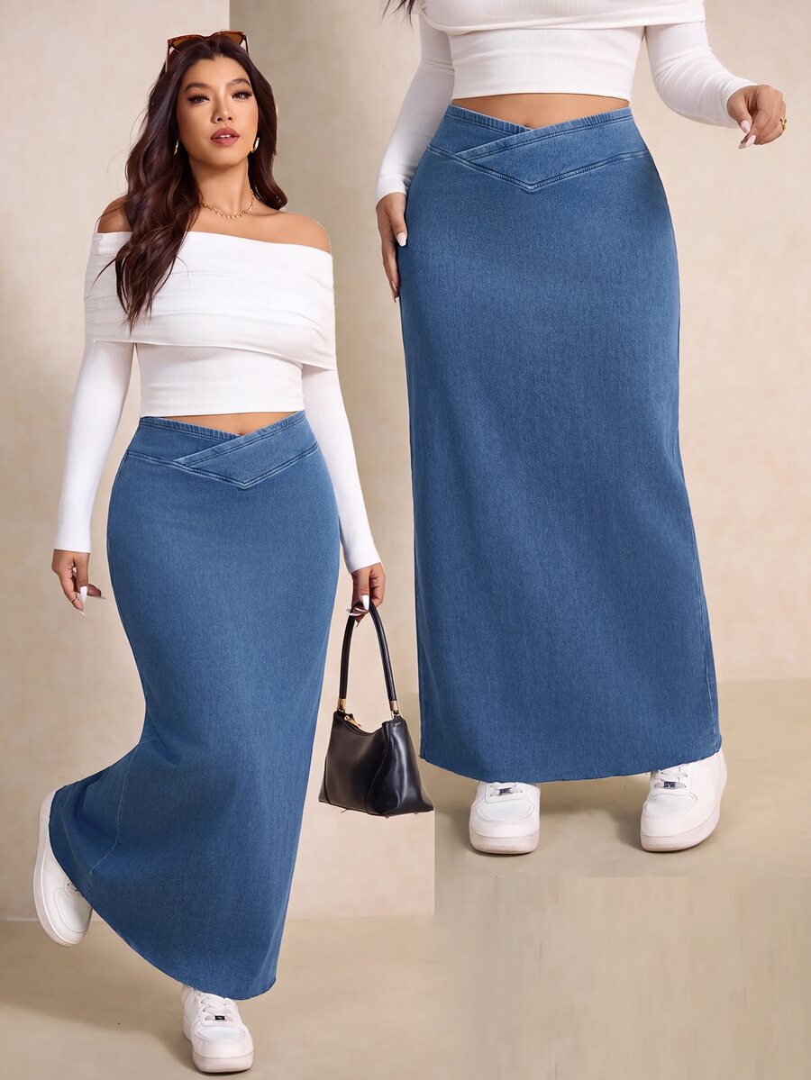 GalTyme Plus Size Criss-Cross Waist Fashion Denim Maxi Skirt - Blue - View 1