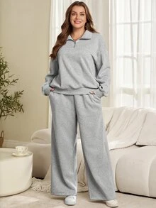 EMERY ROSE 2 st plus size damset för hösten med grå sportig casual zip-up sweatshirt och byxor med fickor, 2 delar, höst/vinter, vinterset, loungewear, varmt - Grå - Visa 5