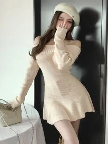 DAZY 秋季露肩針織收腰毛衣洋裝，甜美優雅浪漫約會晚餐派對聖誕女款米色毛衣 - 米色 - 查看 9