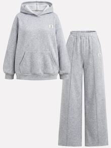 SHEIN Girlism 2件組青少年女孩純灰色冬季休閒度假返校復古寬鬆圖案連帽衛衣與運動長褲保暖運動套裝 - 灰色 - 查看 10