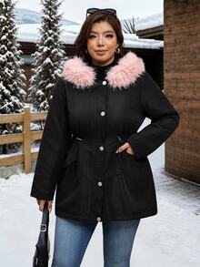 SHEIN Clasi Plus Size Autumn/Winter Thermal Lined Thick Fur Collar Hooded Jacket - Black - View 6