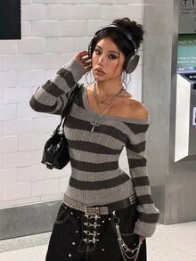 SHEIN HypeZone Minimalist Grunge Street Style Women's Autumn/Winter Grey Plaid V-Neck Long Sleeve Striped Cable Knit Slim Fit Sweater Top Night Out - Grey - View 3