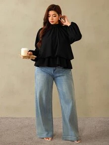 Auralis Coffee Brown Raglan Long Sleeve Plus Size Loose Waist Elastic Ruffle Hem Pullover Blouse/Casual Top Fall - Black - View 7