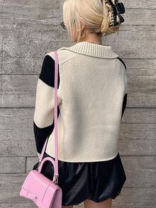 INAWLY Women's New Autumn Colorblock Peter Pan Collar Zip-Up Cardigan Sweater, Stylish Versatile Knit Jacket - Apricot - View 2