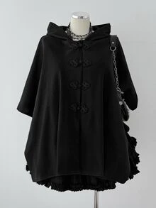 Sunspun Plus Size Women's Hooded Cape Coat With Frog Button Design, Wool Blend - Black - View 7