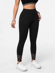 SHEIN Essnce Casual Elegant Plus Size Lace Patchwork Black Leggings Suitable For Autumn, Black Pants - Black - View 5