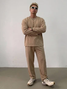 DAZY 春秋長袖T恤搭配鬆緊腰長褲男士T恤套裝 - 卡其色 - 查看 4