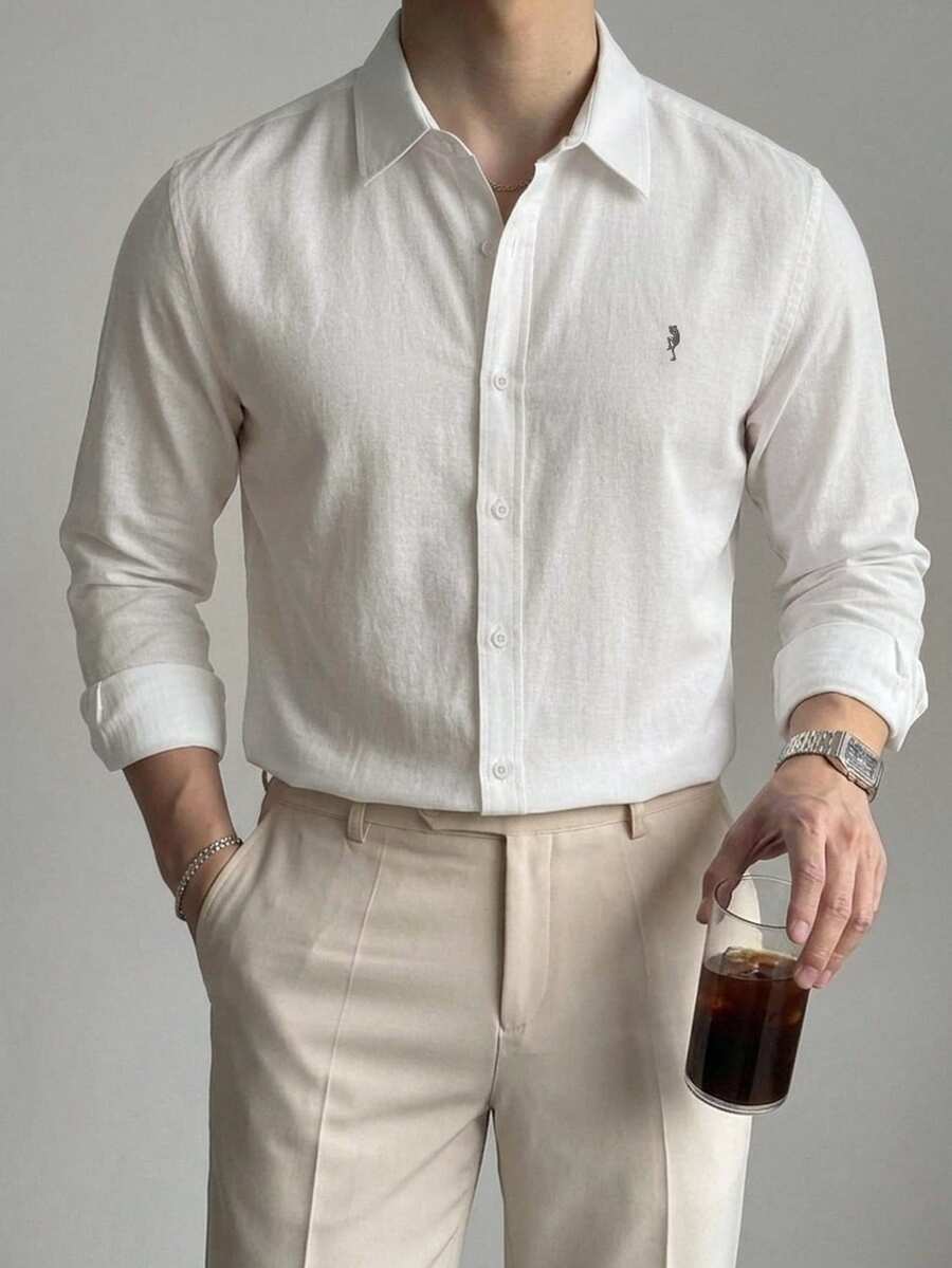 DAZY Men's Long Sleeve Solid Color Embroidered Pattern Shirt - White - View 1