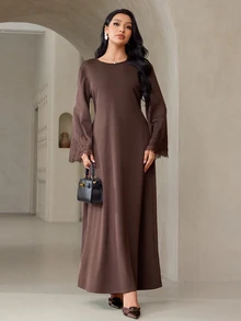 Veilorie Women's Elegant Commute Lace Patchwork Long Dress - Brown - View 1