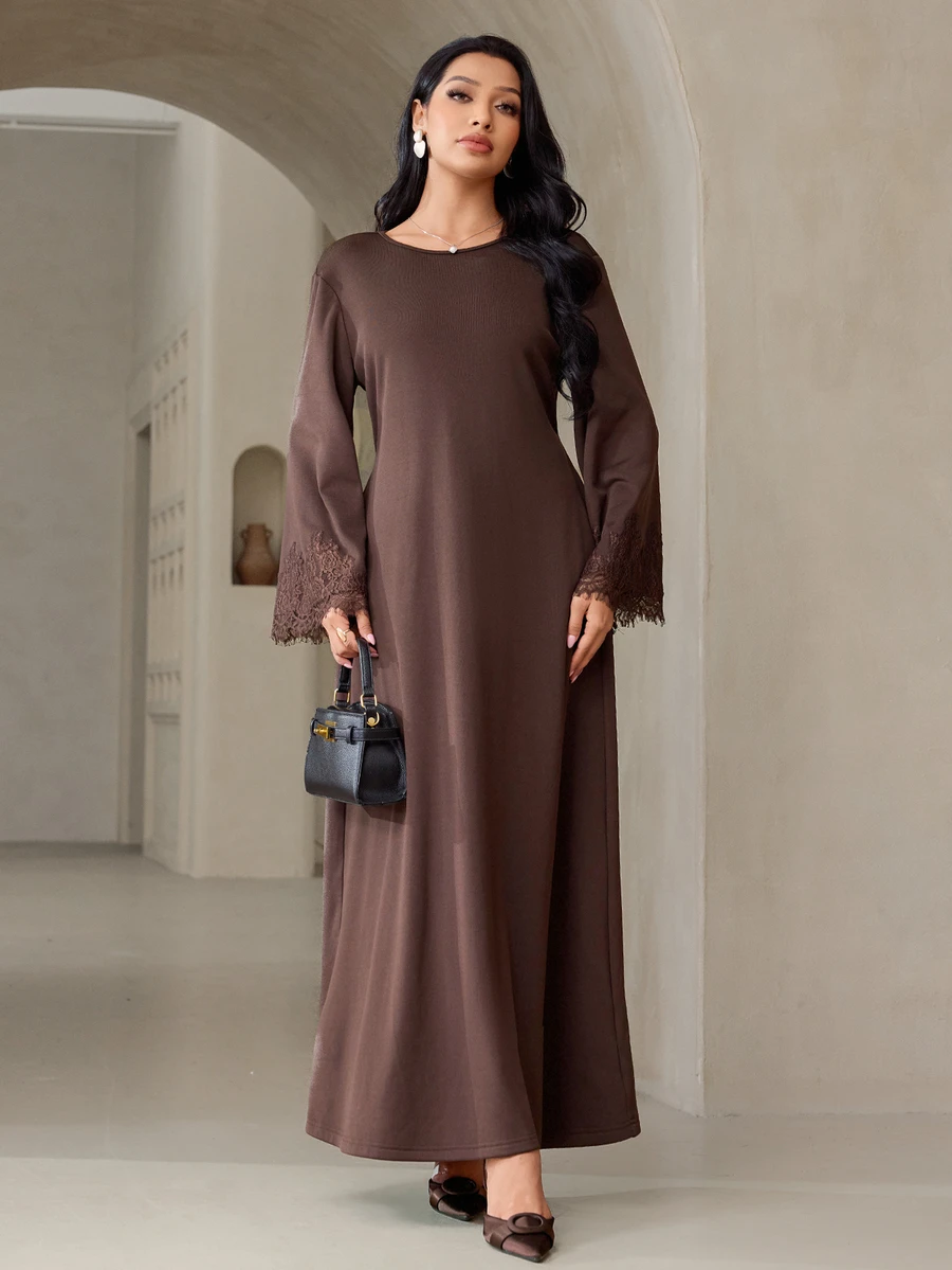 Veilorie Women's Elegant Commute Lace Patchwork Long Dress - Brown - View 1