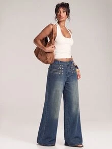 SHEIN BAE Women's Casual Everyday Denim Jeans With Pockets And Buttons - Blue - View 5