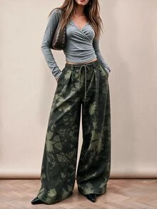 Rina Fox Leaf Print Elastic Waist Drawstring Wide Leg Pants, Casual Loose High Waist Flowy Trousers - Army Green - View 1