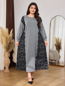 Lacomfia Sweatshirt Wanita Ukuran Besar dengan Motif Renda, Patchwork, Kasual, Serbaguna, Elegan, Modis, Cocok untuk Makan Siang, Makan Malam, Warna Abu-abu, Musim Gugur - Grey - View 4