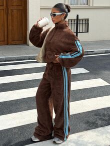 Muchica Autumn/Winter New Brown Plush Ribbon Patchwork Casual Loose Long Pants, Suitable For Outings - Brown - View 6