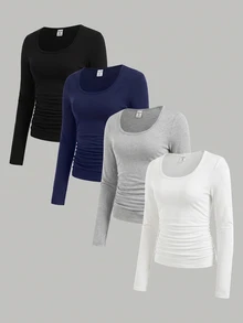 Kids Tween Girls Autumn/Winter White Black Grey Blue Neck Long Sleeve Knitted Fitted Multi-Color Versatile All-Match Minimalist Layer T-Shirt 4pcs Set - Multicolor - View 7