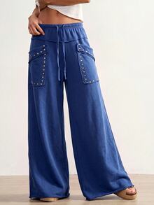 Bohemela Women's Solid Color Wide Leg Casual Vacation Pants - Blue - View 6