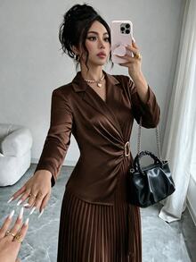 Modelyn Gaun Lipit Kerah Blazer Elegan Warna Polos untuk Wanita - Coffee Brown - View 6