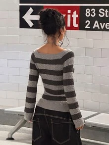 SHEIN HypeZone Minimalist Grunge Street Style Women's Autumn/Winter Grey Plaid V-Neck Long Sleeve Striped Cable Knit Slim Fit Sweater Top Night Out - Grey - View 2