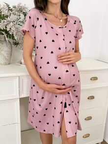 Moonlight&Mama Gaun Tidur Santai Lengan Pendek Motif Hati untuk Ibu Hamil - Dusty Pink - View 4