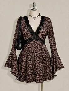 SHEIN ICON Plus Size Women's Lace Patchwork Leopard Print Dress - Multicolor - View 1