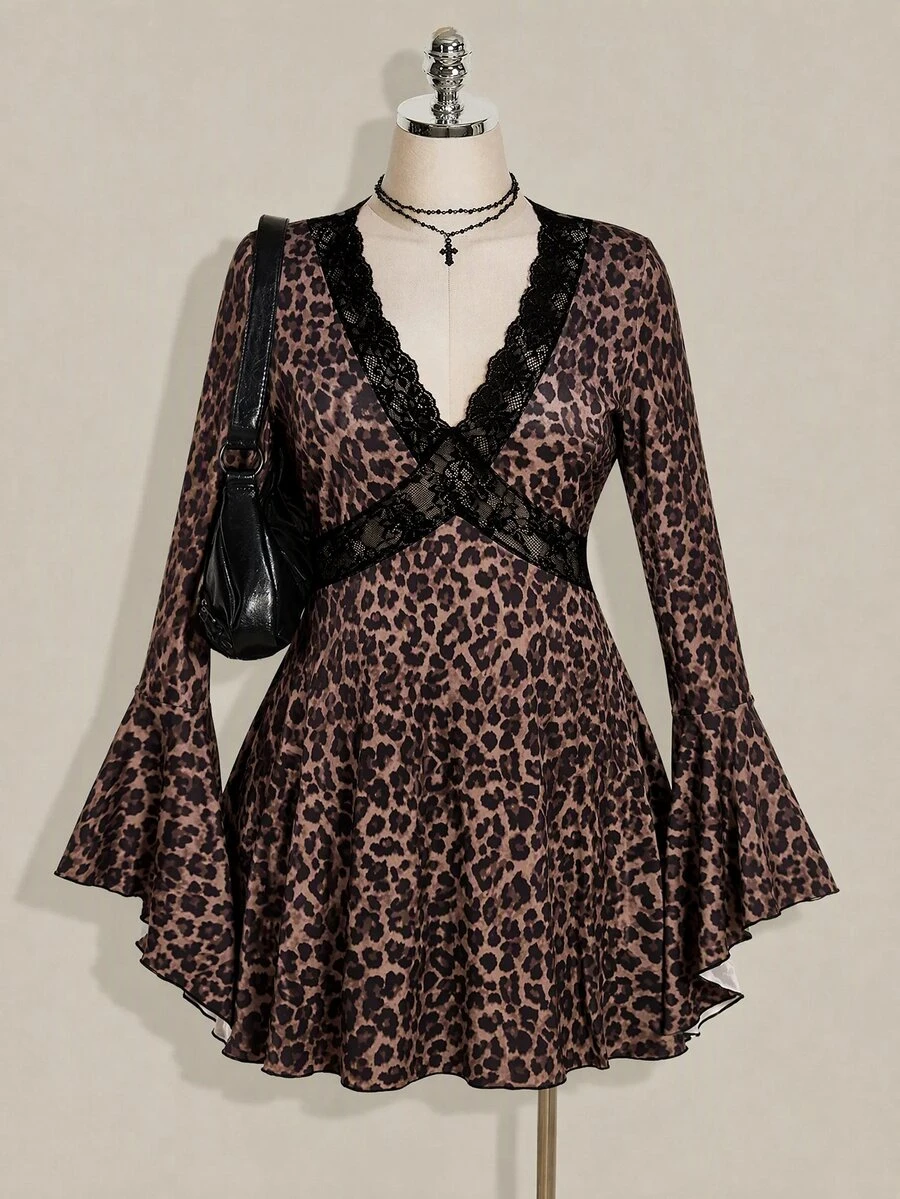 SHEIN ICON Plus Size Women's Lace Patchwork Leopard Print Dress - Multicolor - View 1