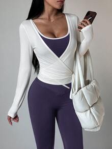SHEIN Dewbera Women's Wrap Knot Long Sleeve Cropped Top And Leggings Sports Set - Multicolor - View 2