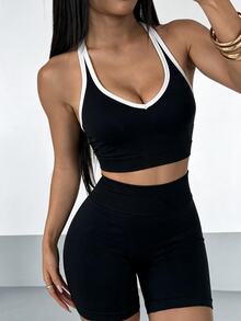 StreetHx Women's Piped Back Cross Design Tank Top And Shorts Sports Set - Black - View 6