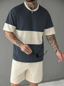 Manfinity Homme تي شيرت رجالي مقاس كبير باللون الأزرق الداكن والبيج، كاجوال مريح، مجموعة ملابس منزلية وعملية للرجال الناضجين - متعدد الألوان - مشاهدة 7