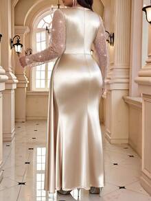 SHEIN Lady Plus Size Luxury Elegant Pleated Front Slit Sequin Dress - Apricot - View 2