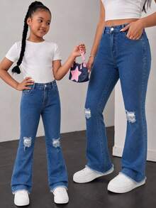 TWEEN GIRLS Tween GirlsDenim Jeans, Vintage Washed Color, Street Style Fashion, Distressed Ripped Hem, Flared Leg, Versatile Fashion New Style - Dark Wash - View 1